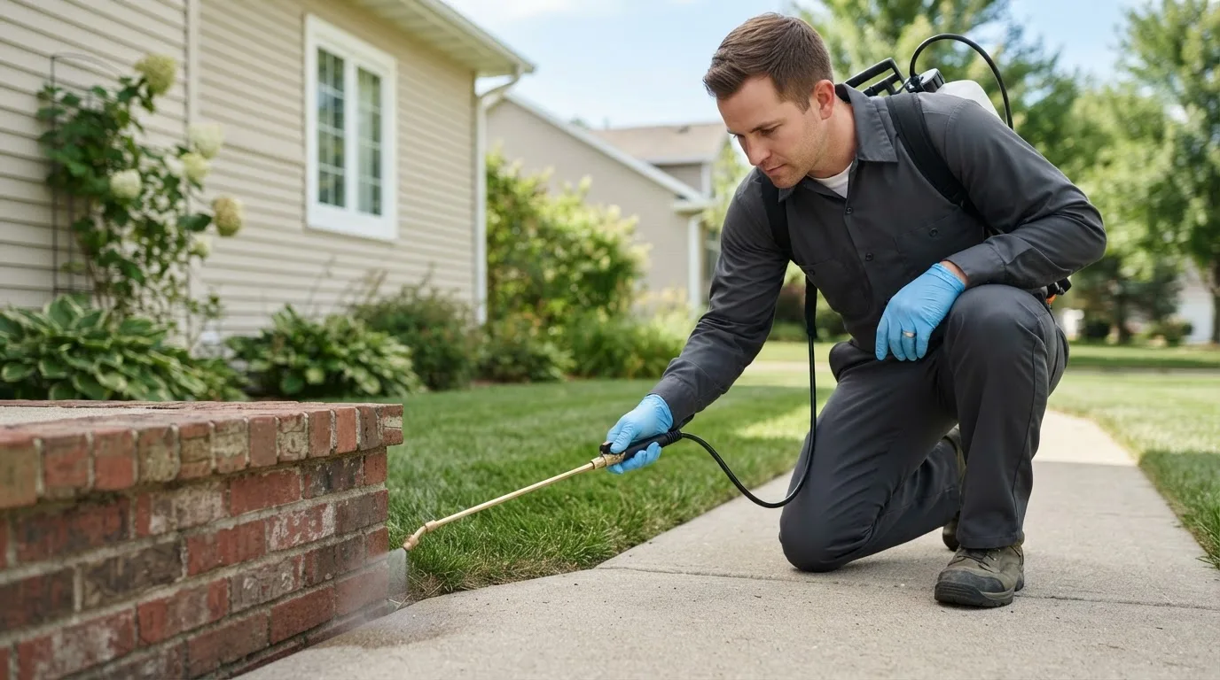 Pest control technician treating a home near Coatsburg, IL