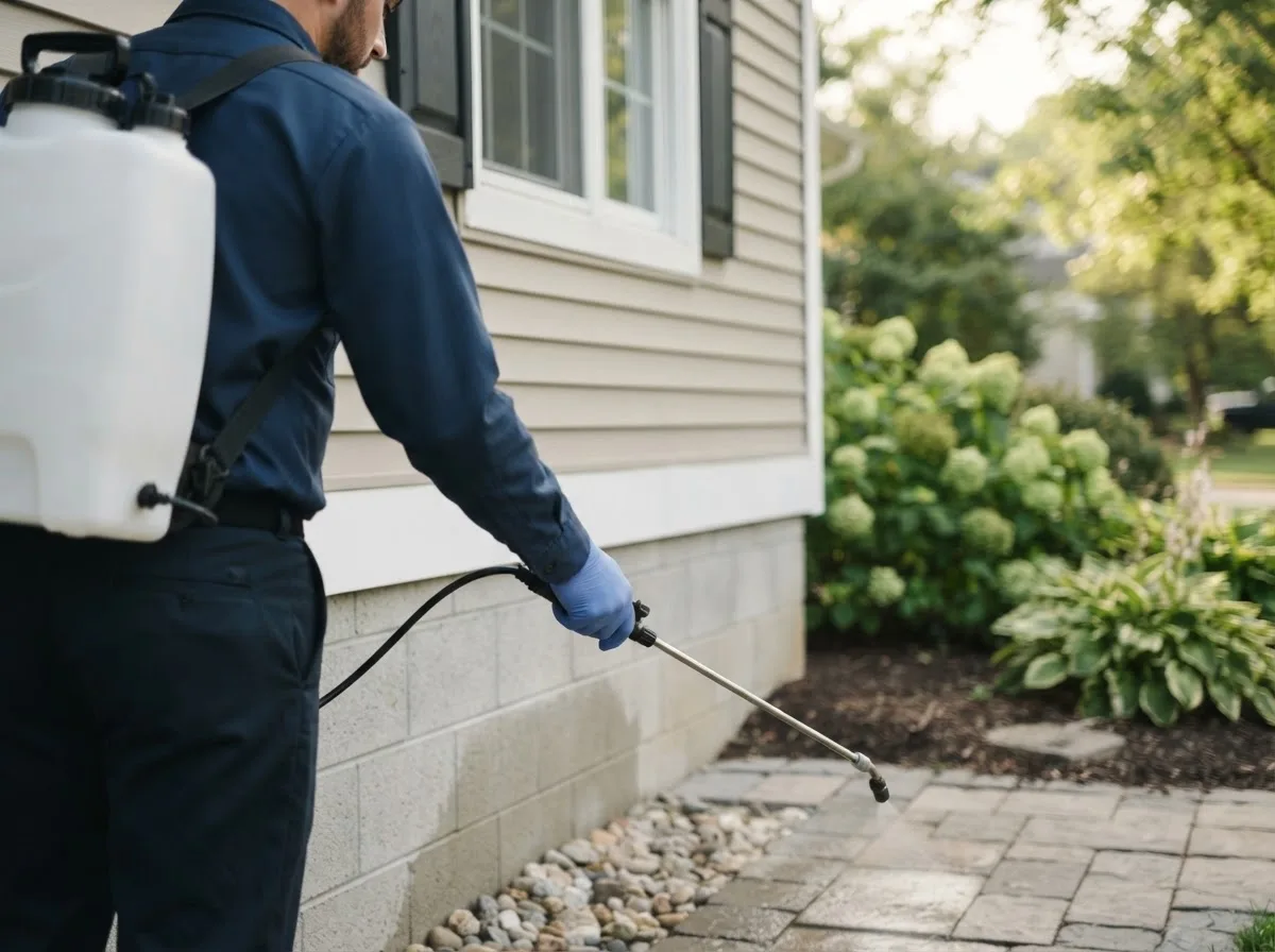 Pest control technician inspecting a home in Coatsburg, IL